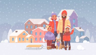 Mutlu bir aile kışın arka planda dışarıda yürüyüş yapıyor.