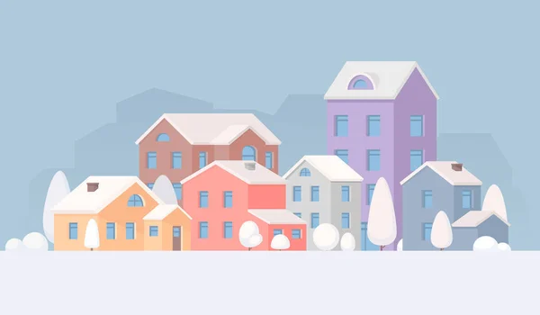 Paisaje de la ciudad en invierno. A la ciudad. Casas y árboles en la nieve — Vector de stock