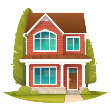 İngiliz tarzında iki katlı tuğla ev. Emlak kiralamak ya da satmak. Çizgi film tarzında vektör illüstrasyonu