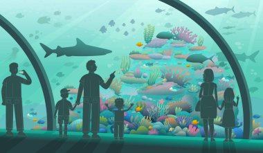 Oceanarium 'daki insanlar. Ebeveynler ve çocuklar okyanus balığı ve deniz canlılarına bakar. Bir çeşit sualtı bitki örtüsü ve bitki örtüsü. Çizgi film tarzında vektör illüstrasyonu