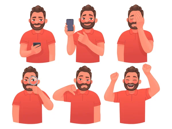Набор Характера Бородатый Человек Различными Жестами Эмоциями Парень Телефоном Шоу — стоковый вектор