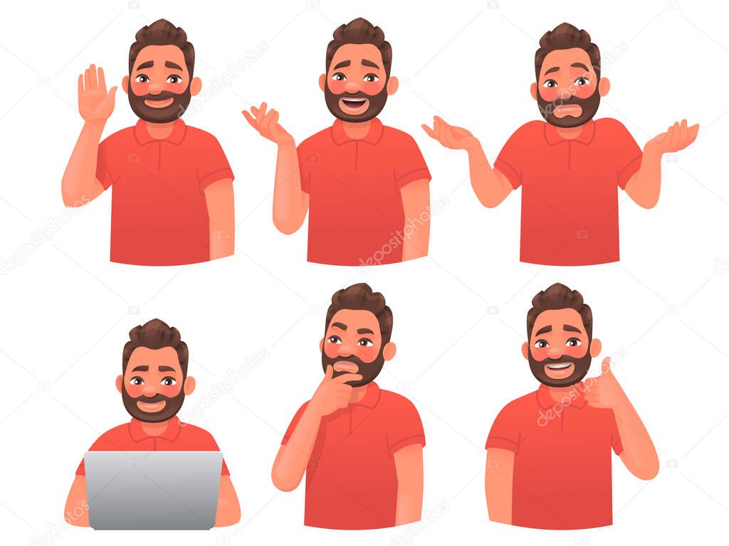 Set of character bearded man with different gestures and emotions. Greeting, conversation, doubt, guy with a laptop, thinks, approval. Company employee or consultant. Vector illustration cartoon style