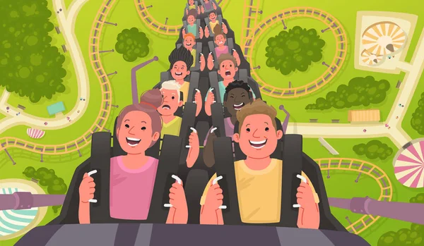 幸せと興奮の人々はジェットコースターに乗る アトラクション付きの遊園地 平面図のベクトル図 — ストックベクタ