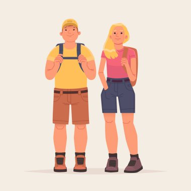 İzole edilmiş arka planda turist gezdiren mutlu çift. Yürüyüş kıyafetleri giymiş ve sırt çantalı bir kadın ve erkeğin karakterleri. Düz biçimli vektör illüstrasyonu
