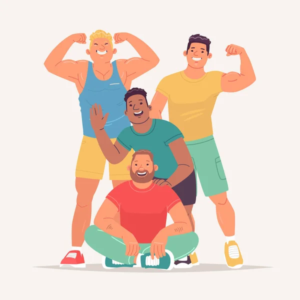 Groupe Hommes Sportifs Joyeux Visiteurs Entraîneurs Salle Gym Culturistes Athlètes — Image vectorielle