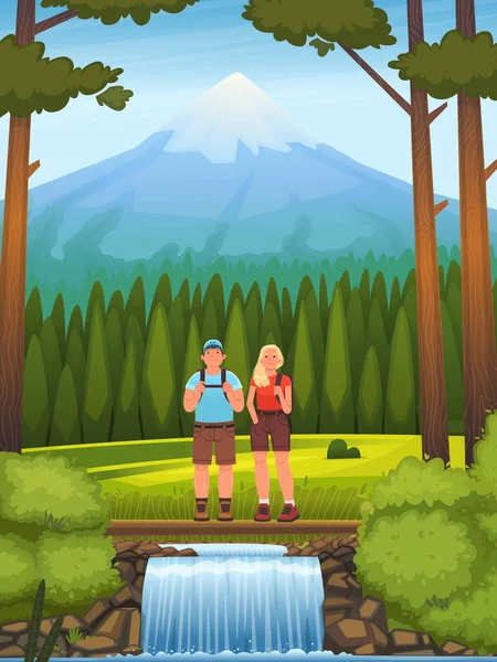 Glückliches Paar Vor Dem Hintergrund Von Wald Und Bergen Wandern — Stockvektor