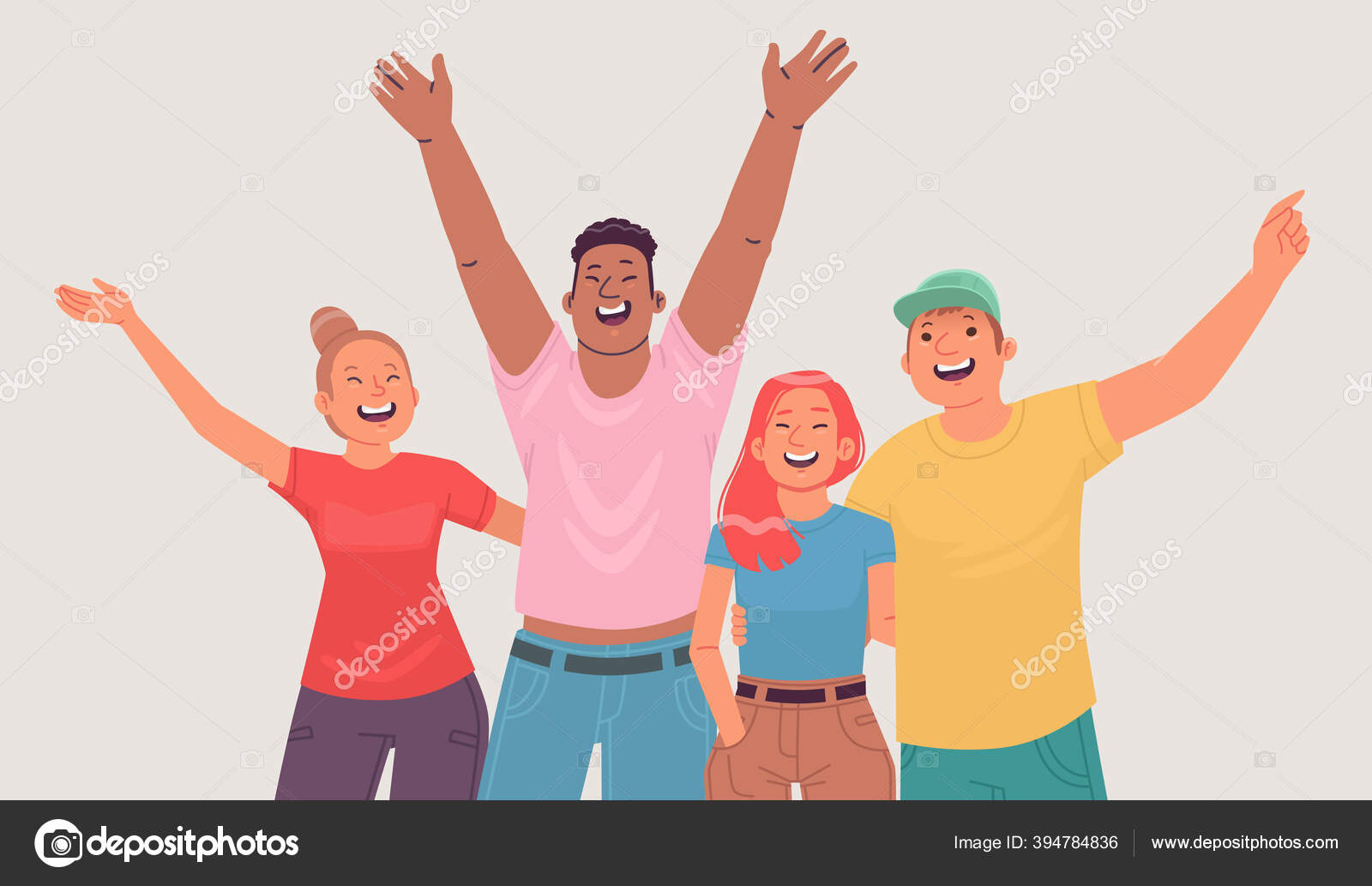 Portrait Happy Young People Cheerful Friends Friendly Company Shows Joyful  Stock Vector by ©lexam165.gmail.com 394784836, image size:1600x1033