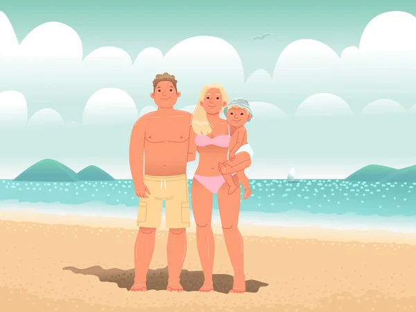 在海边的一个快乐的家庭 妈妈和儿子都在晒日光浴 享受夏天 平面样式的矢量图解 — 图库矢量图片