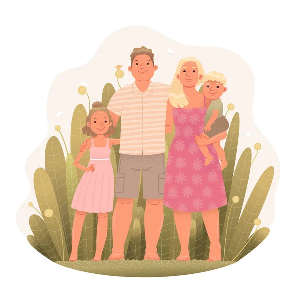 Glückliche Familie Auf Dem Hintergrund Der Pflanzen Mutter Vater Sohn — Stockvektor