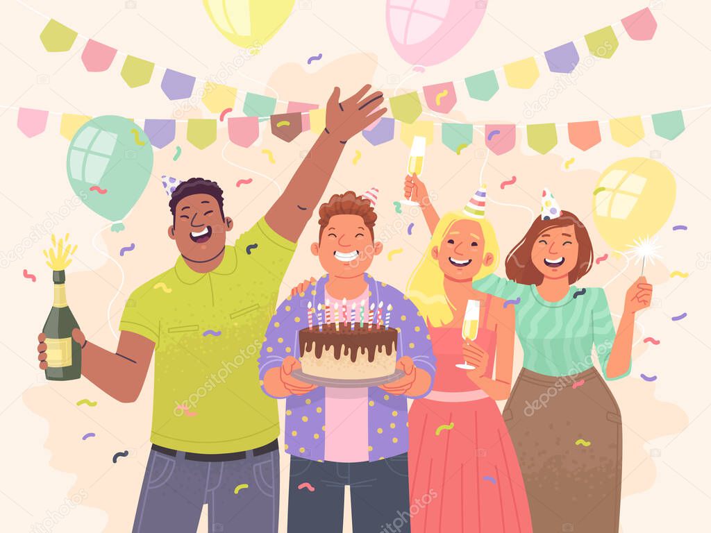 Happy friends are celebrating a birthday. Guys and girls have fun at the party. Vector illustration in flat style