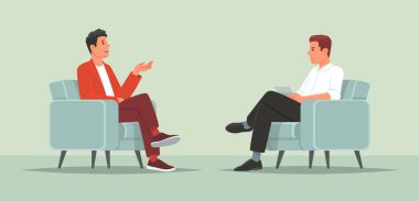 Ünlü biriyle röportaj yapmak. Bir gazetecinin bir ünlüyle konuştuğu televizyon ya da internet yayını. Düz biçimli vektör illüstrasyonu