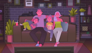 Mutlu bir aile televizyon izliyor. Anne, baba, kız ve oğul kanepede oturup film izliyorlar. Düz biçimli vektör illüstrasyonu