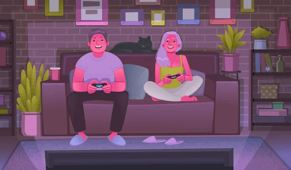 Happy Guy Girl Jouer Des Jeux Vidéo Sur Console Jeu — Image vectorielle