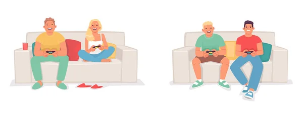 Set Characters Playing Video Games Console Friends Couple Young People — Stock Vector