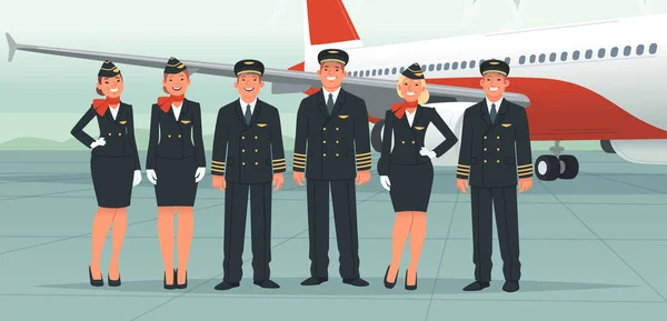Airplane Pilots Flight Attendants Airline Employees Crew Background Passenger Plane — Stock Vector