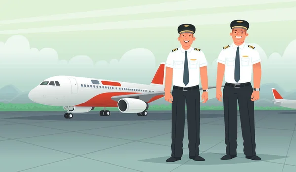 Δύο Πιλότοι Στο Φόντο Ενός Επιβατικού Αεροσκάφους Στο Αεροδρόμιο Πλοίαρχος — Διανυσματικό Αρχείο