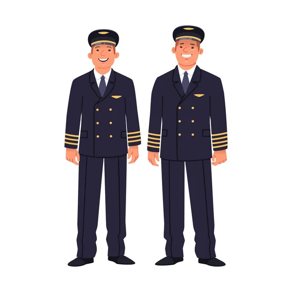 Twee Piloten Van Een Passagiersvliegtuig Dragen Uniformen Scheepskapitein Copiloot Luchtvaartpersoneel — Stockvector