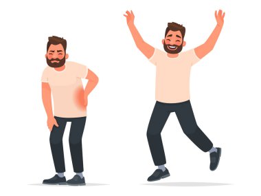 Sırtı ağrıyan ve bir hastalıktan sonra iyileşen bir adam. Zıplayan mutlu adam hareket özgürlüğünün tadını çıkarıyor. Sırt ağrısı. Çizgi film tarzında vektör illüstrasyonu