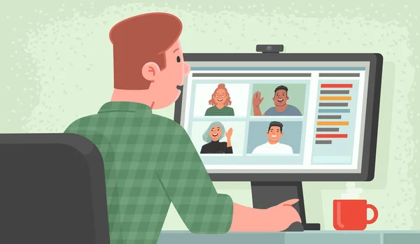 视频会议 在网上与同事进行业务沟通 在家的男人通过视频交流与伴侣交流 远程工作 平面样式的矢量图解 — 图库矢量图片