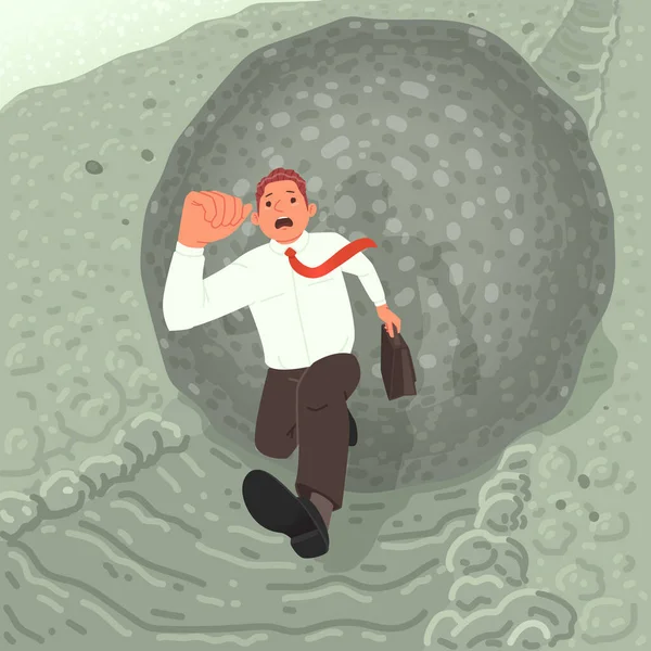 金融危機や債務の脅威の概念 おびえた実業家が山を転がる岩から逃げ出す メタファー 漫画風のベクトルイラスト — ストックベクタ