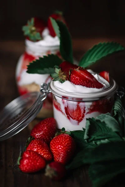 Jars Layered Creamy Dessert Dark Wood Background — Stock Photo, Image