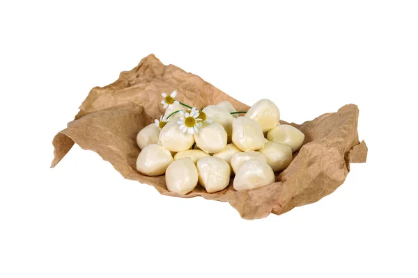 Mozzarella Balls Wrapping Paper Chamomile Isolated White Background — Stock Photo, Image