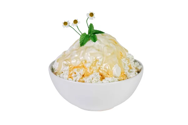 Bowl Cottage Cheese Honey Chamomile Isolated White Background — Stock Photo, Image