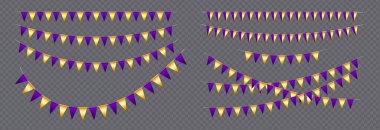 Gerçekçi Üçgen Bunting bayrakları seti, ipte asılı mor ve altın vektör flamalar, parti için renkli bayrak çelenkleri ve tatil süslemeleri.