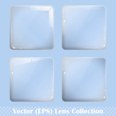 Şeffaf kare cam düğme seti, kare lens seti, şeffaf arkaplan, vektör (EPS) illüstrasyonunda izole edilmiş düğmeler için gerçekçi cam kare