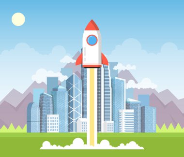 Modern binalarıyla binaları, başlangıç kavramı ile arka plan üzerinde uçan roket.