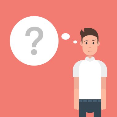 Genç adam ve soru işareti turuncu zemin üzerine poster