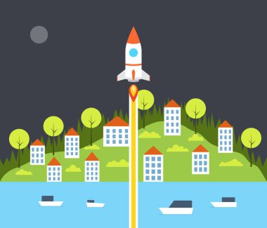 Roket küçük evlerin arka plan ile uçan ile başlangıç kavramı.