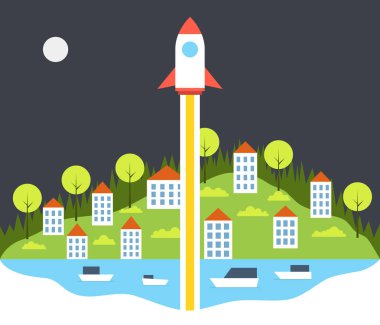 Roket küçük evlerin arka plan ile uçan ile başlangıç kavramı.