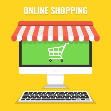 Bilgisayar ve ekranda ürünler ile online alışveriş kavramı