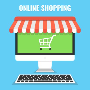 Bilgisayar ve ekranda ürünler ile online alışveriş kavramı