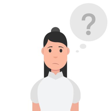 Soru beyaz arka plan üzerinde izole işareti ile Asyalı kadın