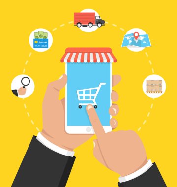 Adam buiyng ile online alışveriş kavramı kullanarak çevrimiçi smartphone