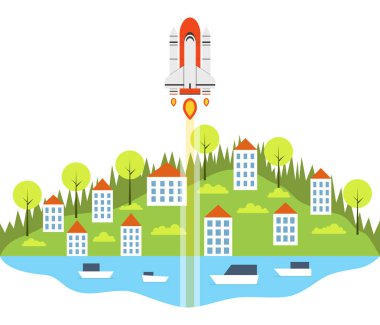 Roket küçük evlerin arka plan ile uçan ile başlangıç kavramı.