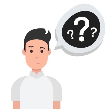 Soru işaretleri ile konuşma balonu ile şık esmer adam