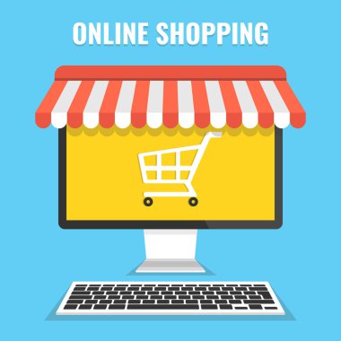Bilgisayar ve ekranda ürünler ile online alışveriş kavramı