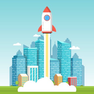 Arka plan binalarıyla binalar, başlangıç kavramı üzerinde uçan roket.
