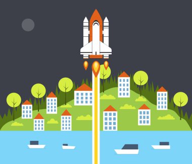 Başlangıç kavram rahat küçük evlerin arka planda uçan uzay gemisi ile.
