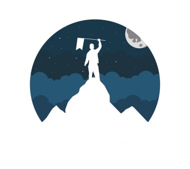 Elinde bayrak ile dağ tepe üzerinde duran kişi, başarı kavramı.