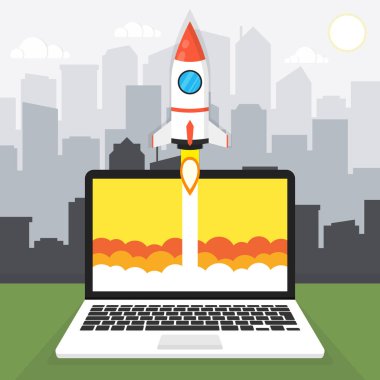 Dizüstü bilgisayar ve uzay gemisi başlayan iş büyüme kavramı.