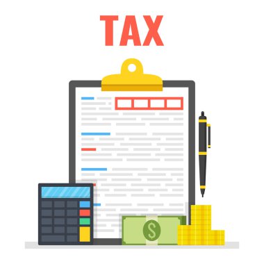 Vergi, hesap makinesi, para ve kalem ile belge.