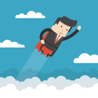 Kopya alanı ile parlak arka plan üzerinde uçan pelerinli süper işadamı karakter