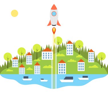 Başlangıç kavram rahat küçük evlerin arka planda uçan uzay gemisi ile.