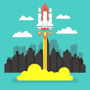 Uzay gemisi şehir silueti arka plan üzerinde uçan ile başlangıç kavramı.