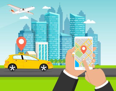 Araba ve uçan uçak şehir binaların zemin üzerine Smartphone taksi hizmeti ile tutan adam.