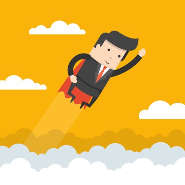 Kopya alanı ile parlak arka plan üzerinde uçan pelerinli süper işadamı karakter